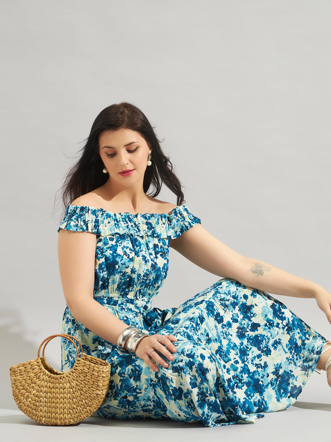 Women Blue Floral Printed Off-Shoulder Maxi Dress