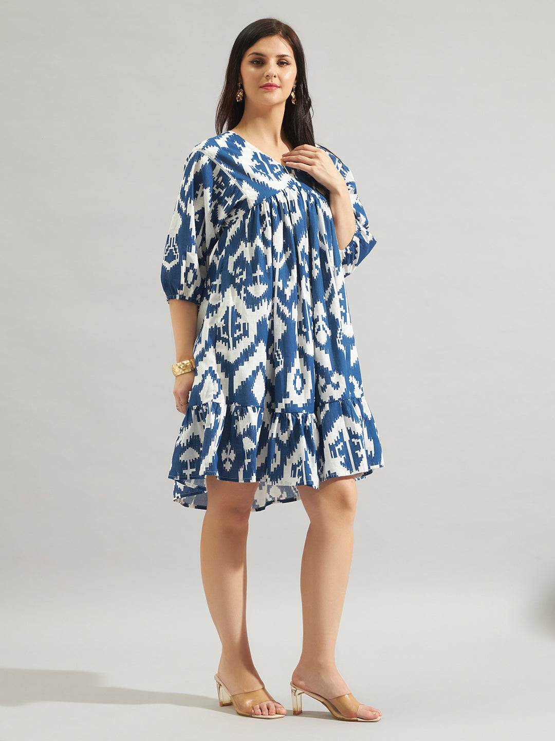 Women Blue & White Printed Fit and Flare Mini Dress