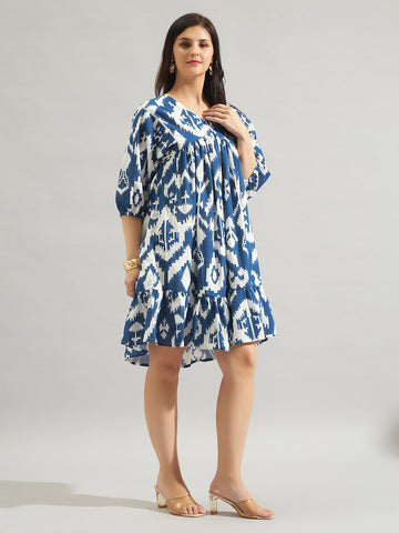Women Blue & White Printed Fit and Flare Mini Dress