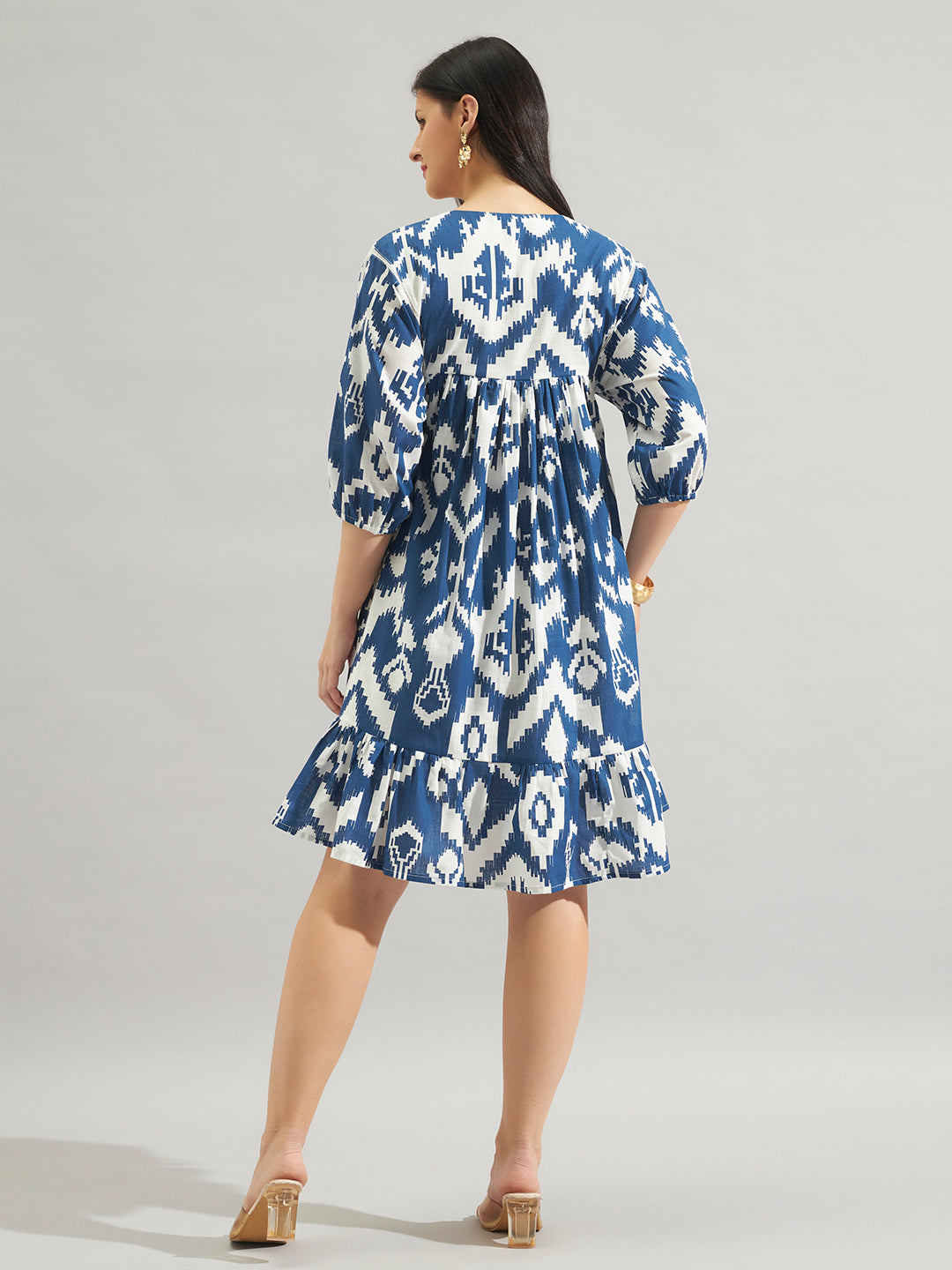 Women Blue & White Printed Fit and Flare Mini Dress
