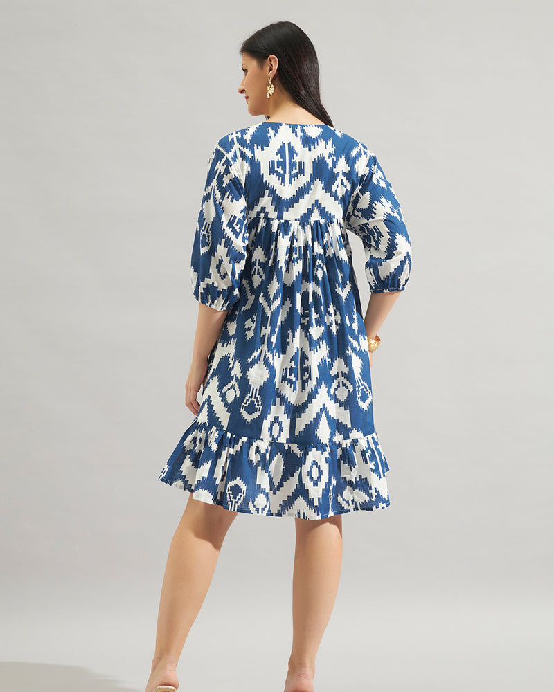 Women Blue & White Printed Fit and Flare Mini Dress