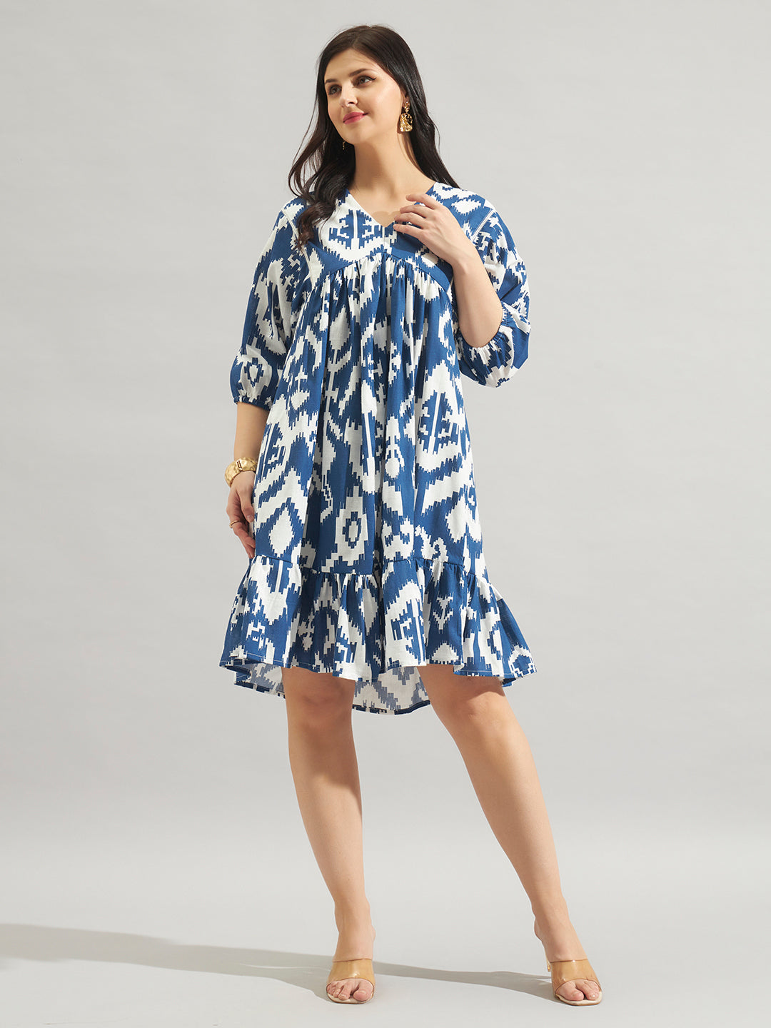 Women Blue & White Printed Fit and Flare Mini Dress