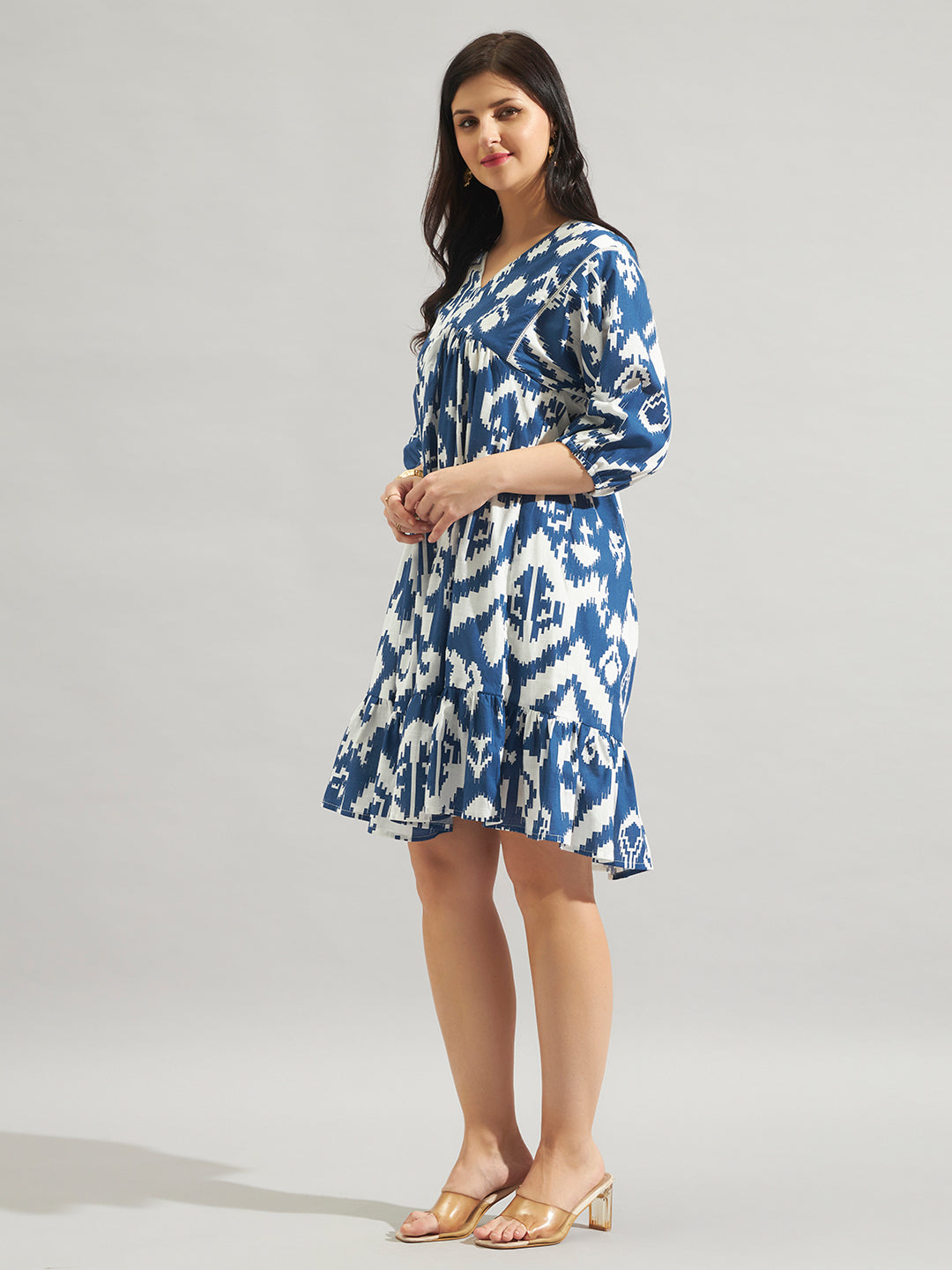 Women Blue & White Printed Fit and Flare Mini Dress
