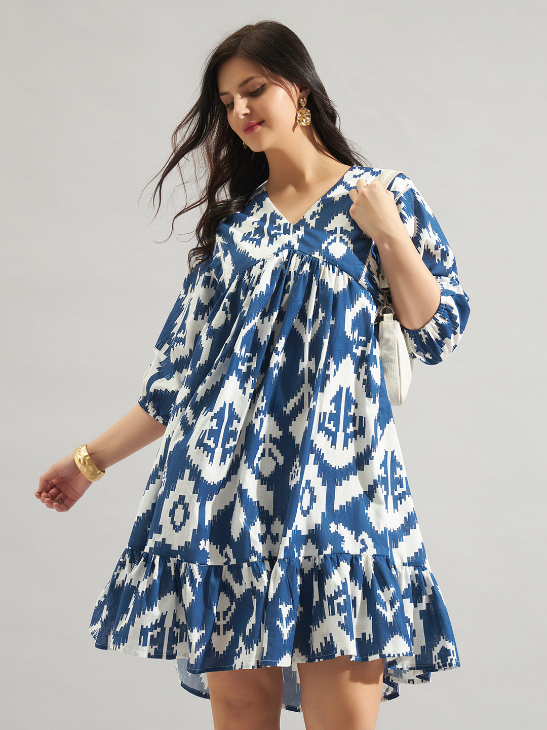 Women Blue & White Printed Fit and Flare Mini Dress