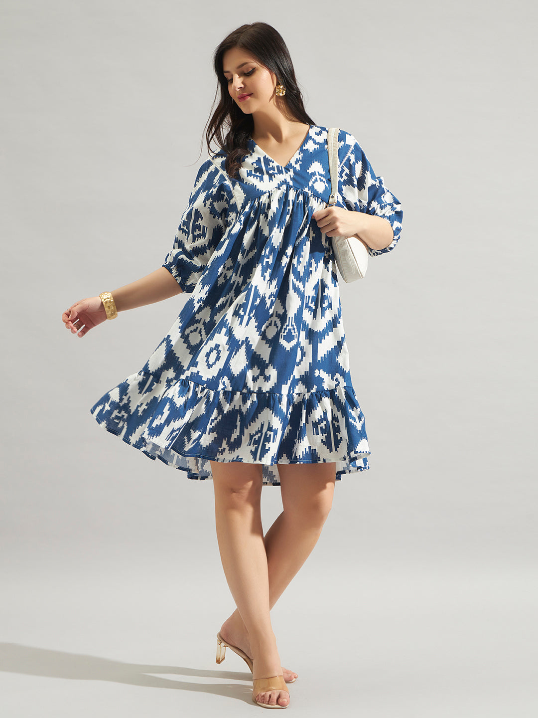 Women Blue & White Printed Fit and Flare Mini Dress
