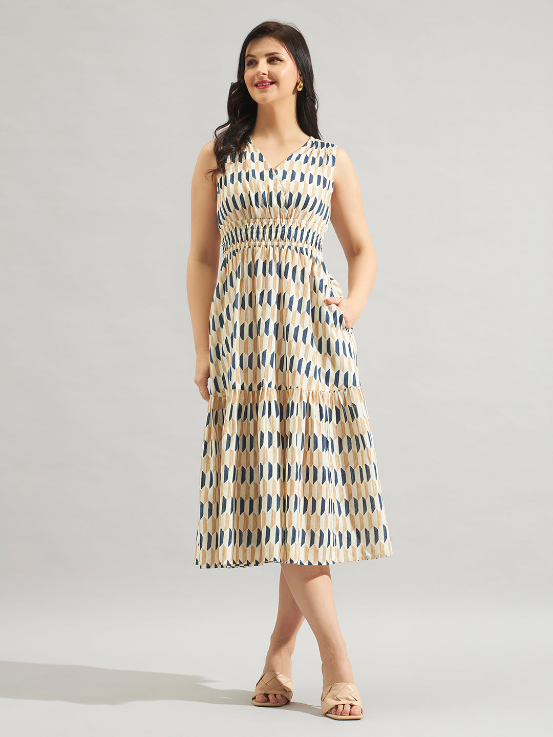 Women Beige & Blue Printed Fit and Flare Midi Dress
