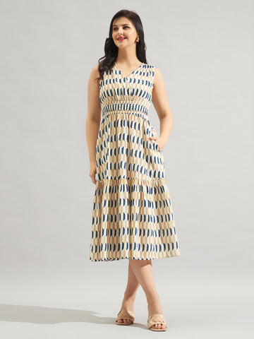 Women Beige & Blue Printed Fit and Flare Midi Dress