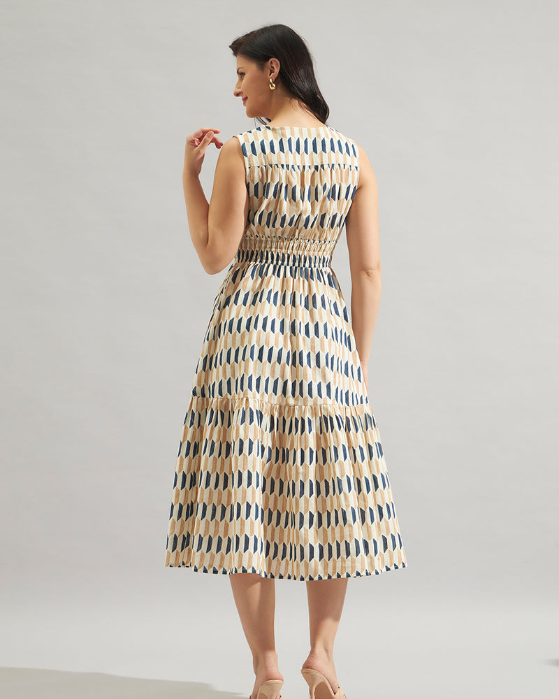 Women Beige & Blue Printed Fit and Flare Midi Dress