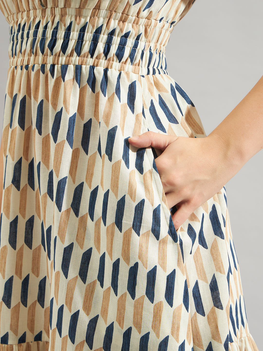 Women Beige & Blue Printed Fit and Flare Midi Dress