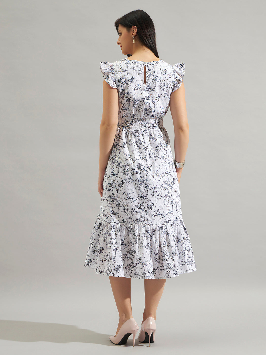 Women White & Black Floral Printed Fit and Flare Midi Dress