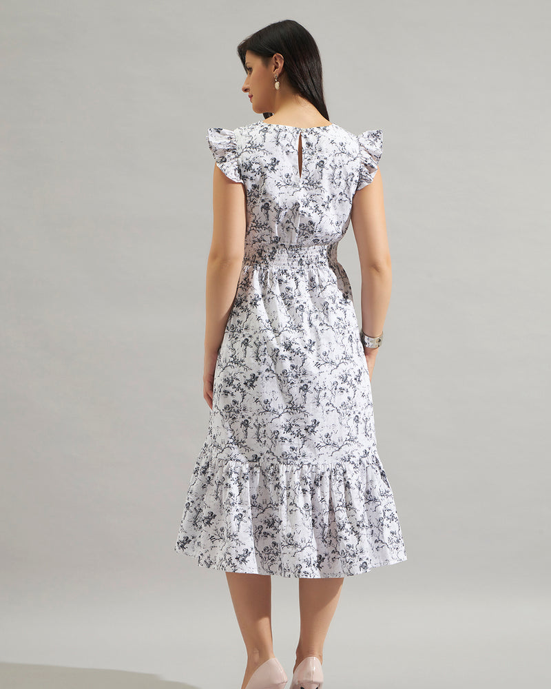 Women White & Black Floral Printed Fit and Flare Midi Dress