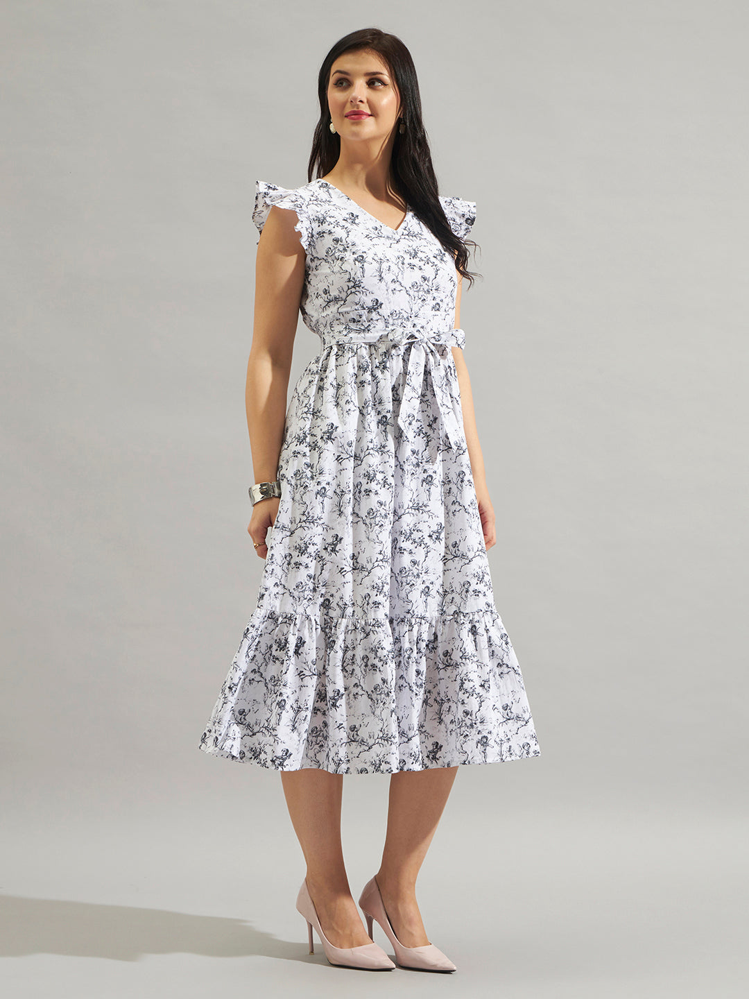 Women White & Black Floral Printed Fit and Flare Midi Dress