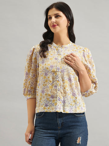 Women Cream Floral Printed Cotton Dobby Top with Puff Sleeves & Mandarin Collar