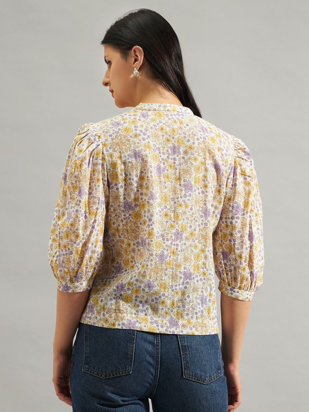 Women Cream Floral Printed Cotton Dobby Top with Puff Sleeves & Mandarin Collar