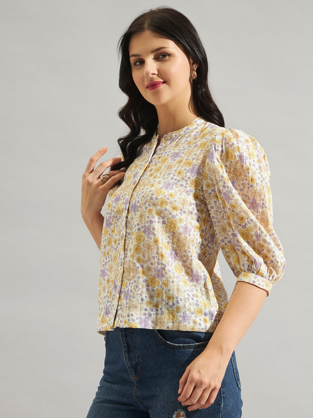 Women Cream Floral Printed Cotton Dobby Top with Puff Sleeves & Mandarin Collar