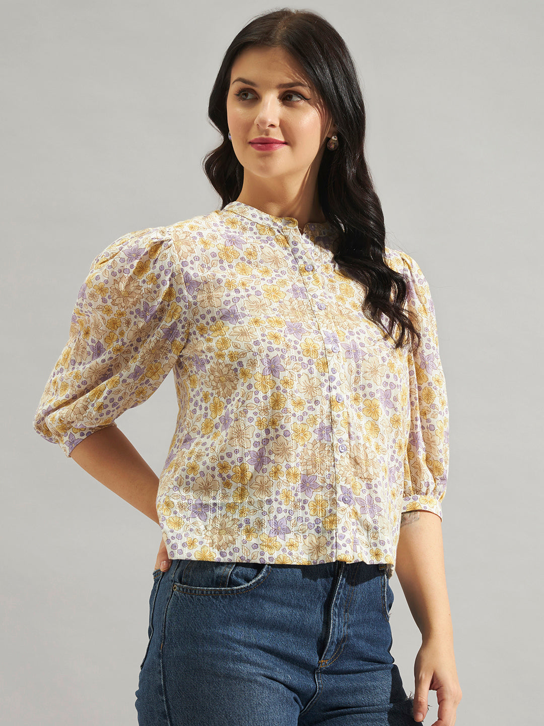 Women Cream Floral Printed Cotton Dobby Top with Puff Sleeves & Mandarin Collar