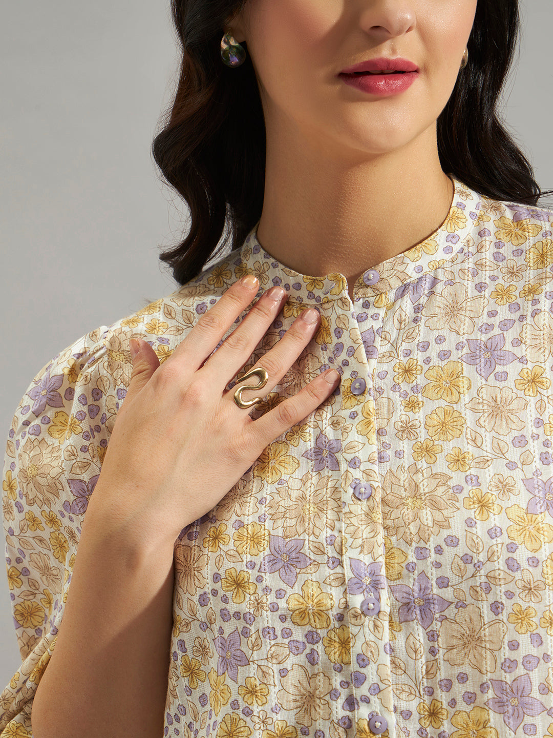 Women Cream Floral Printed Cotton Dobby Top with Puff Sleeves & Mandarin Collar