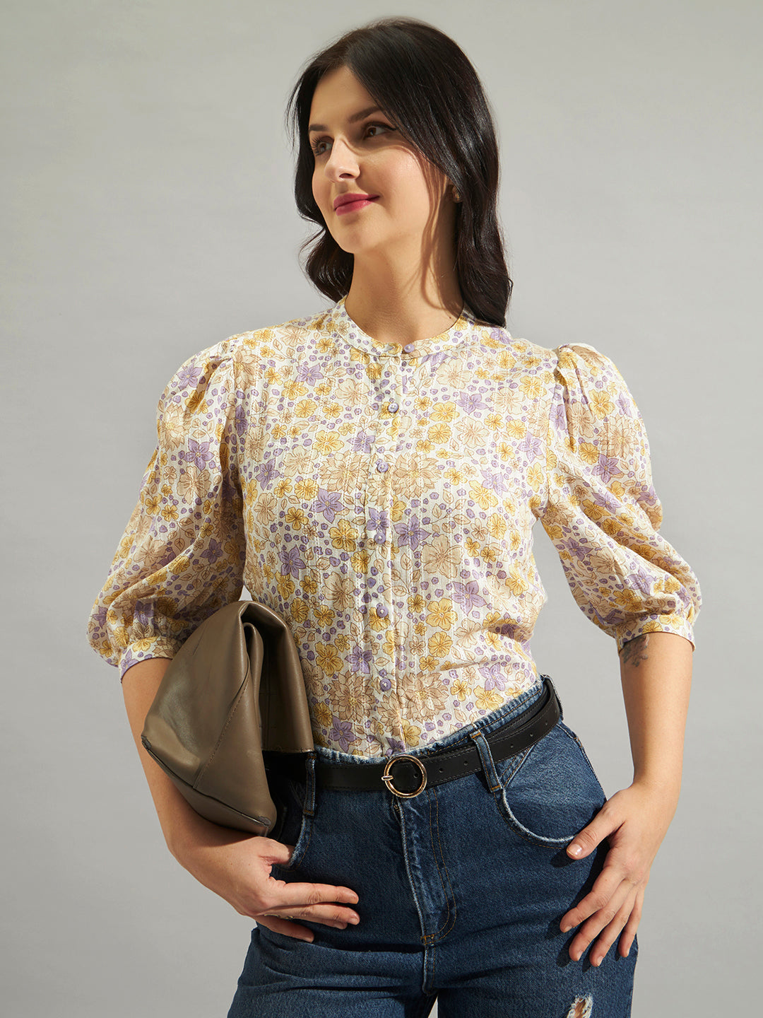 Women Cream Floral Printed Cotton Dobby Top with Puff Sleeves & Mandarin Collar