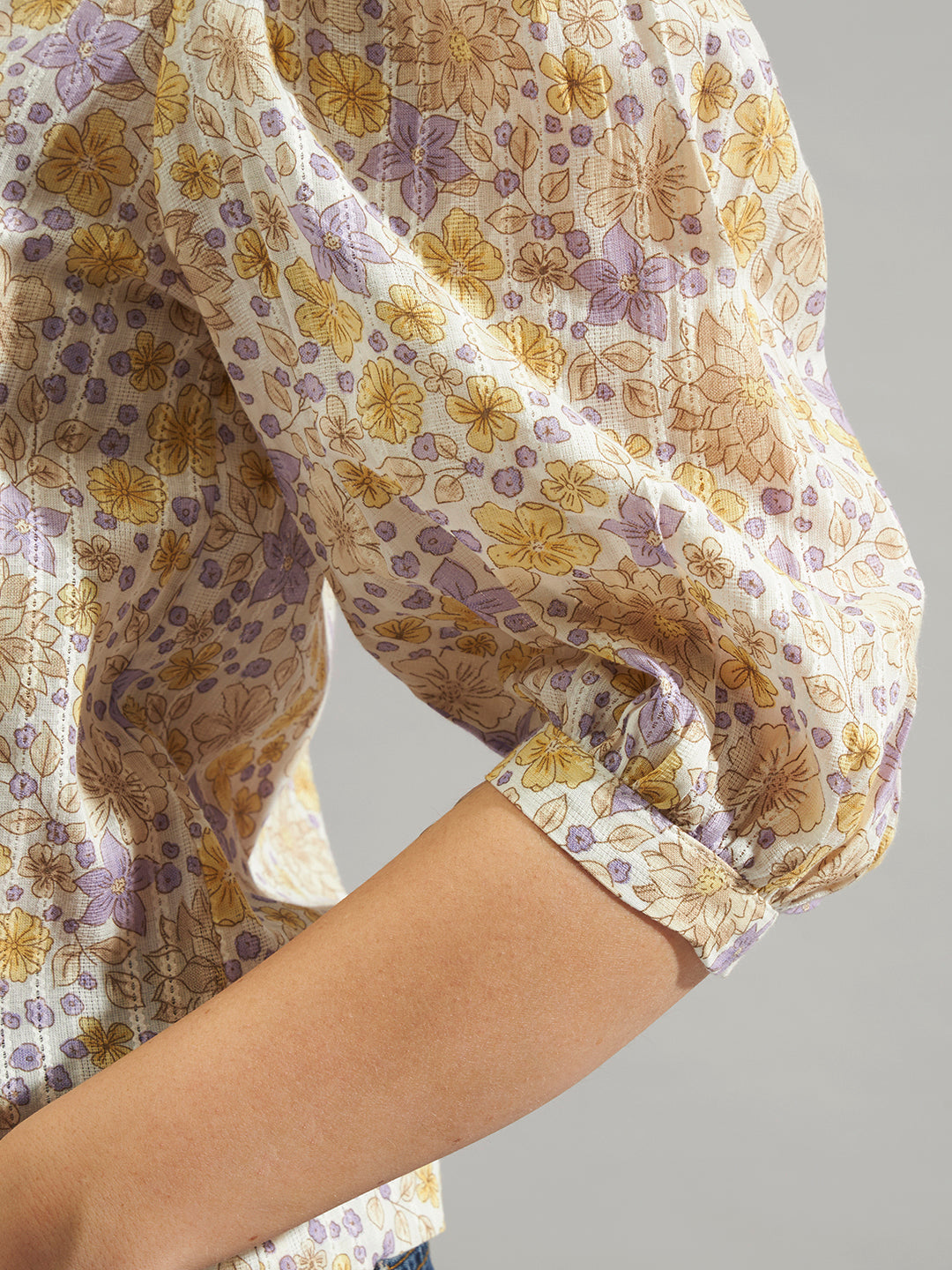 Women Cream Floral Printed Cotton Dobby Top with Puff Sleeves & Mandarin Collar