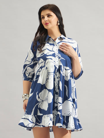 Women Blue & White Floral Print Shirt Dress with Tiered Hem