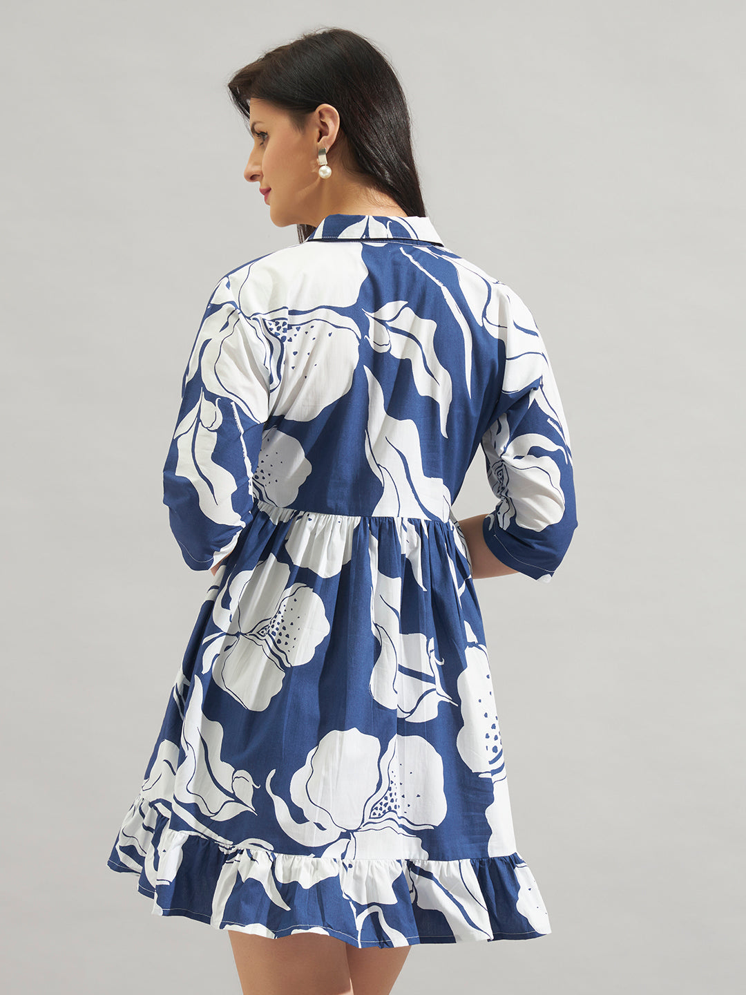 Women Blue & White Floral Print Shirt Dress with Tiered Hem
