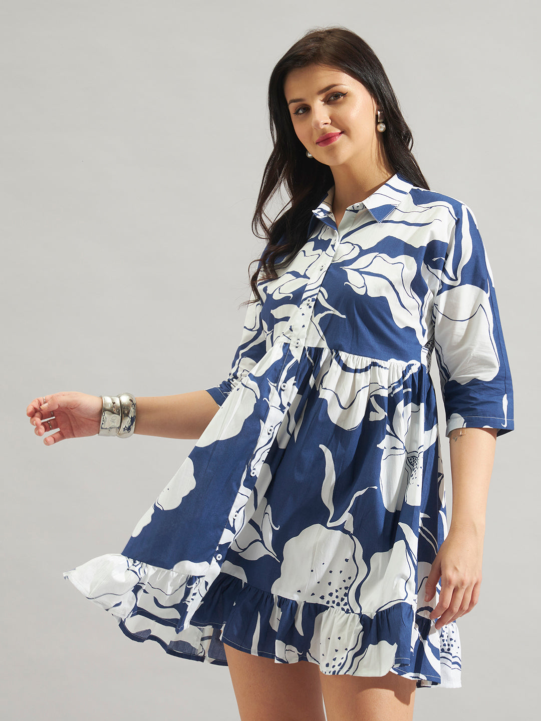Women Blue & White Floral Print Shirt Dress with Tiered Hem