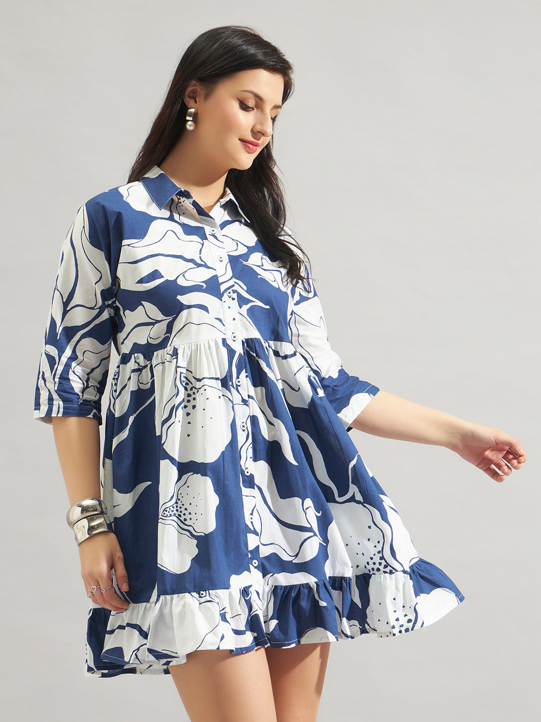 Women Blue & White Floral Print Shirt Dress with Tiered Hem