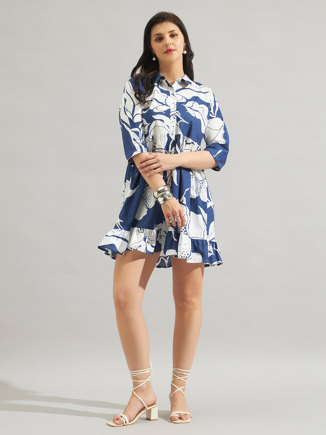 Women Blue & White Floral Print Shirt Dress with Tiered Hem