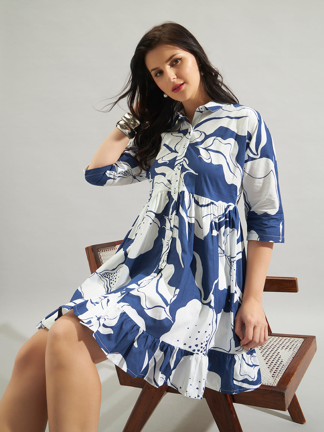 Women Blue & White Floral Print Shirt Dress with Tiered Hem