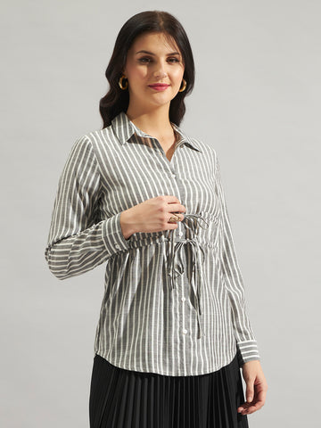 Women Grey & White Striped Tie-Up Shirt Top with Long Sleeves