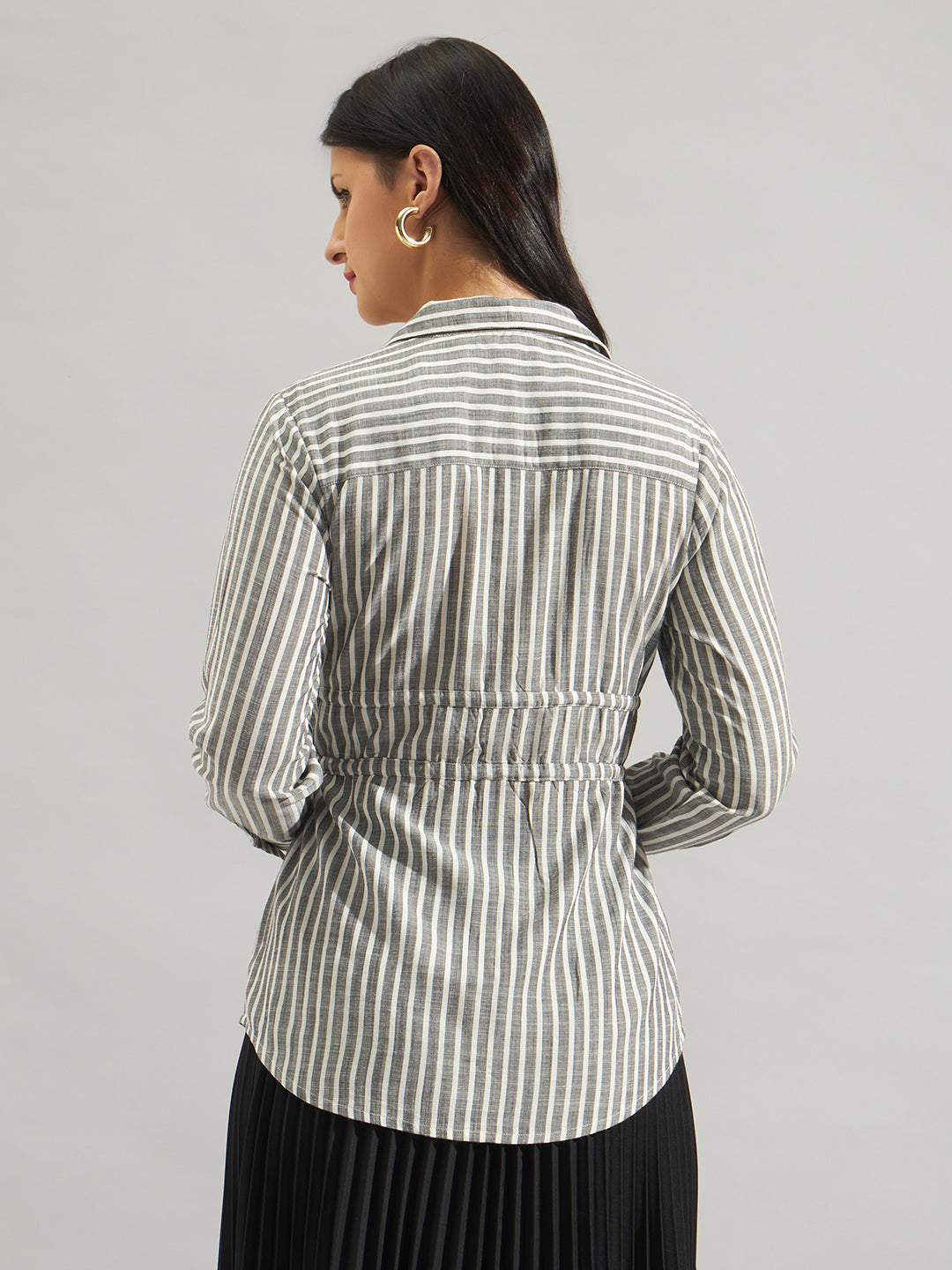 Women Grey & White Striped Tie-Up Shirt Top with Long Sleeves