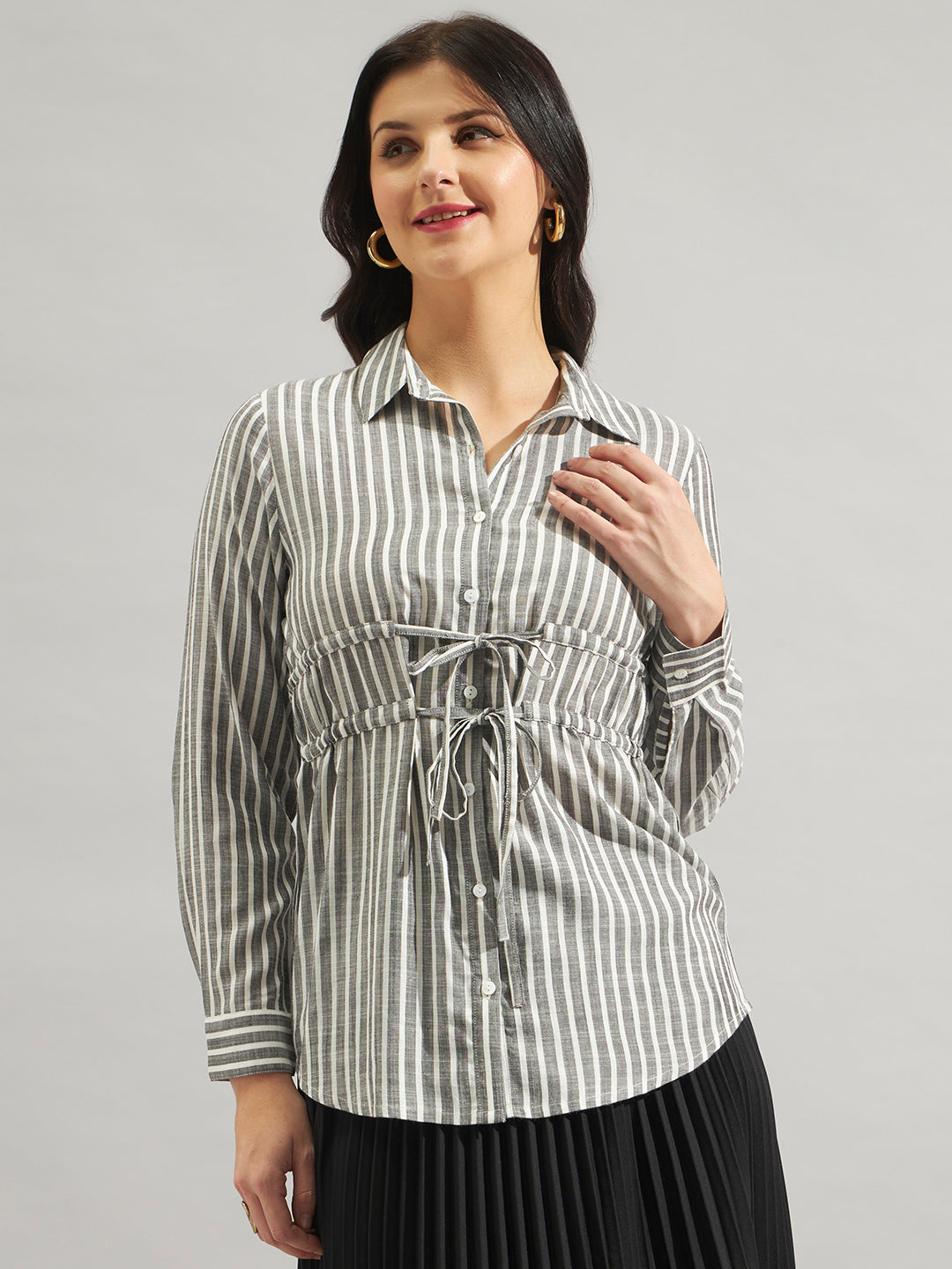 Women Grey & White Striped Tie-Up Shirt Top with Long Sleeves