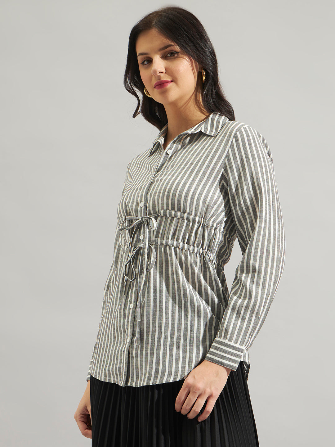 Women Grey & White Striped Tie-Up Shirt Top with Long Sleeves