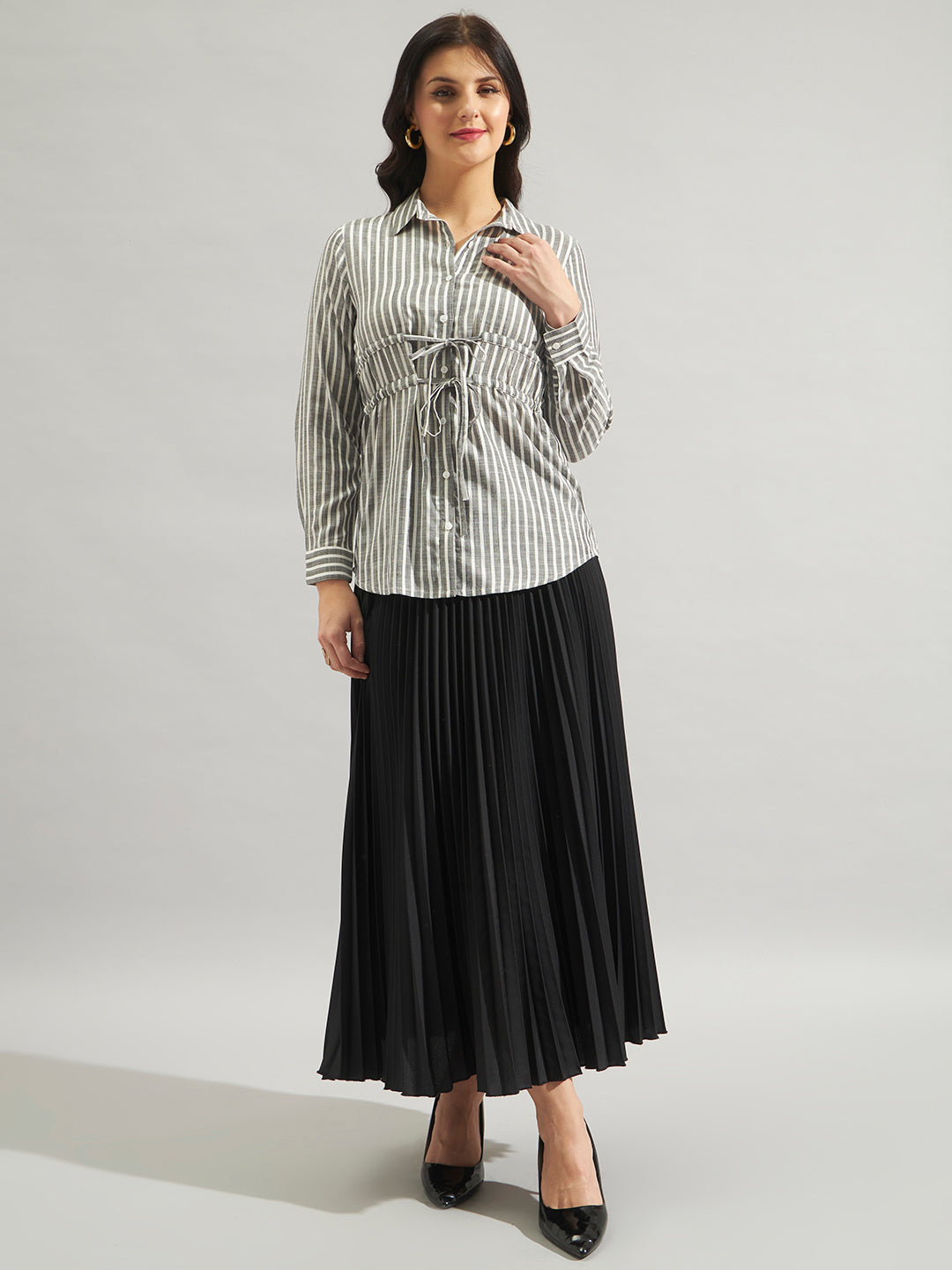 Women Grey & White Striped Tie-Up Shirt Top with Long Sleeves