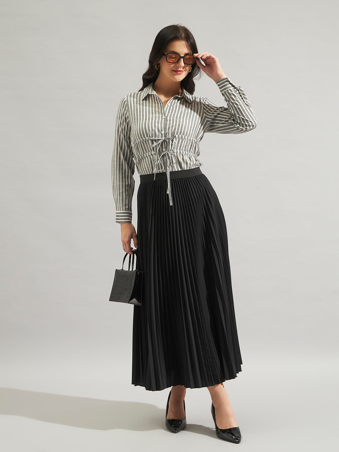 Women Grey & White Striped Tie-Up Shirt Top with Long Sleeves