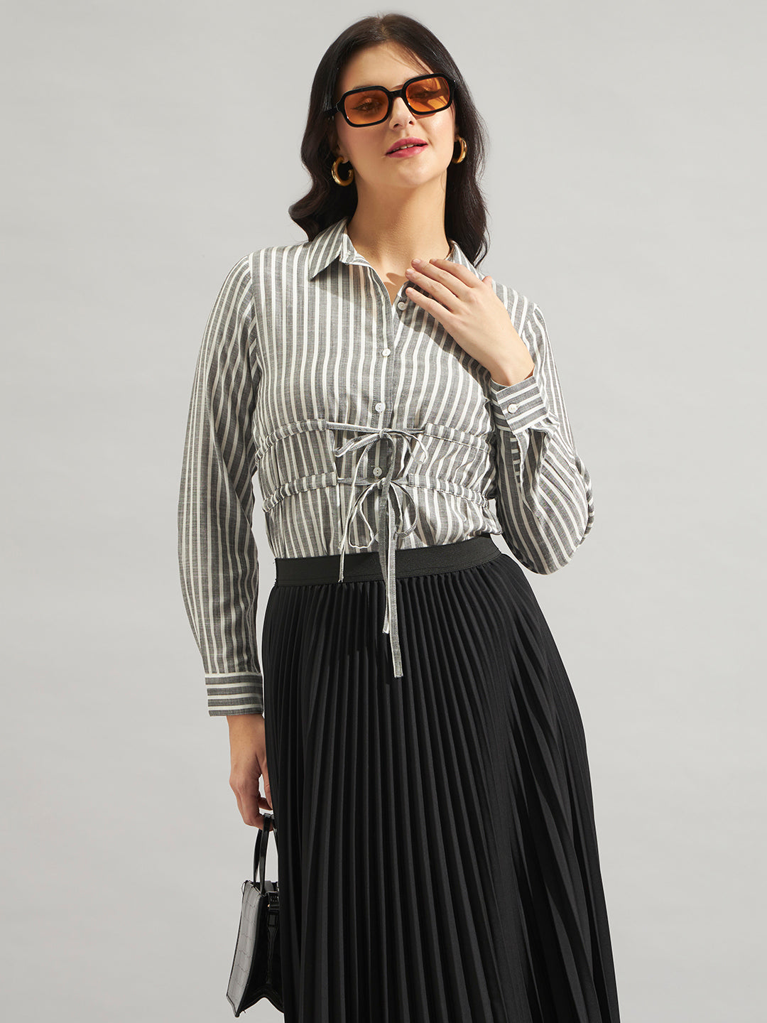 Women Grey & White Striped Tie-Up Shirt Top with Long Sleeves