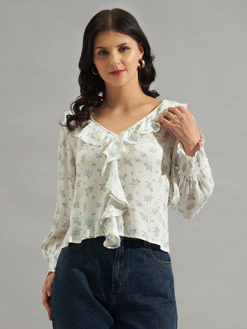 Women Off-White Floral Printed Ruffle Top with V-Neck