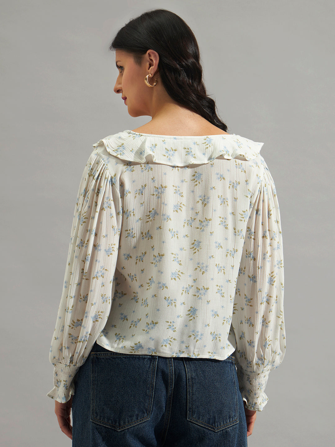 Women Off-White Floral Printed Ruffle Top with V-Neck