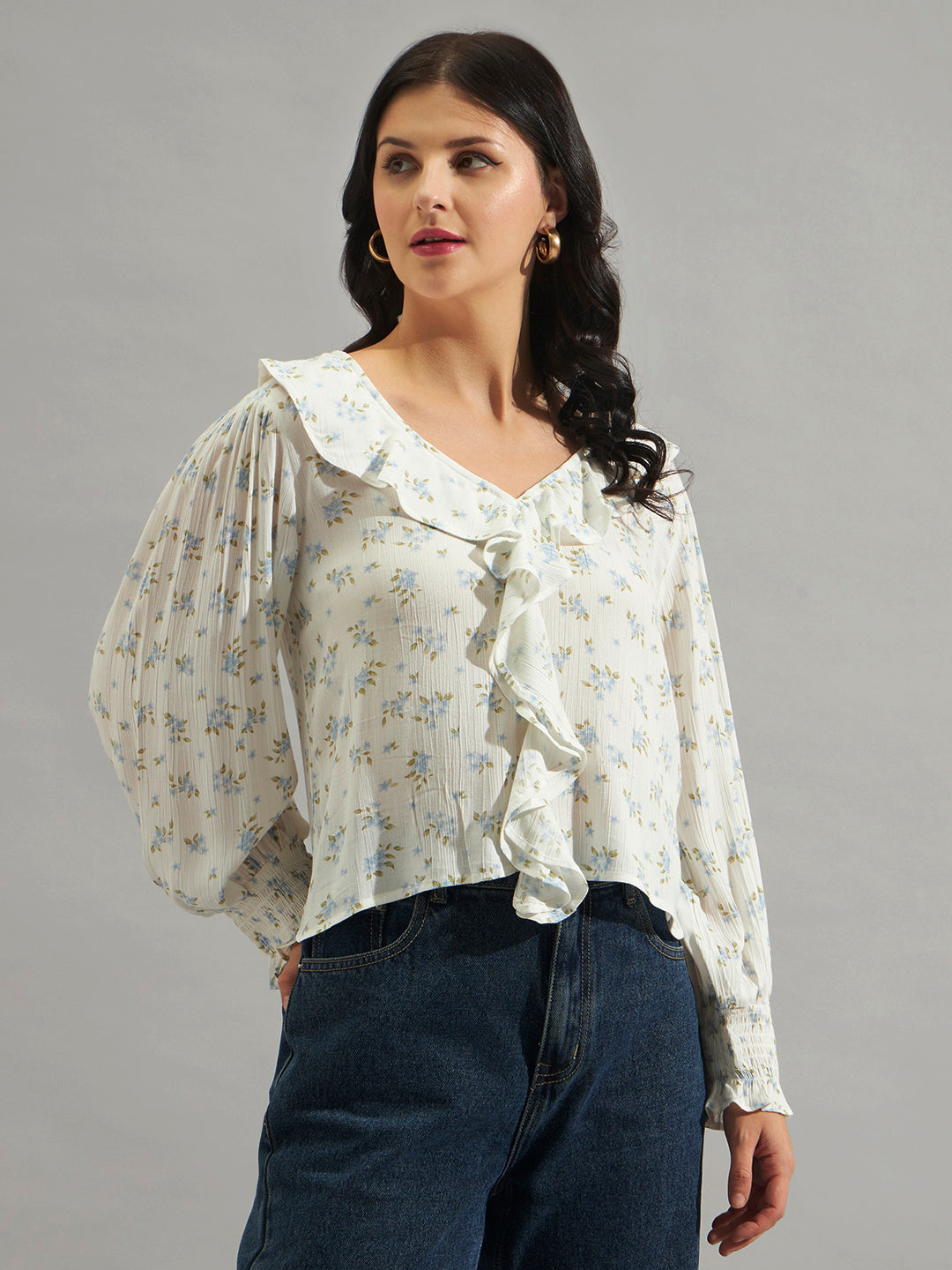 Women Off-White Floral Printed Ruffle Top with V-Neck