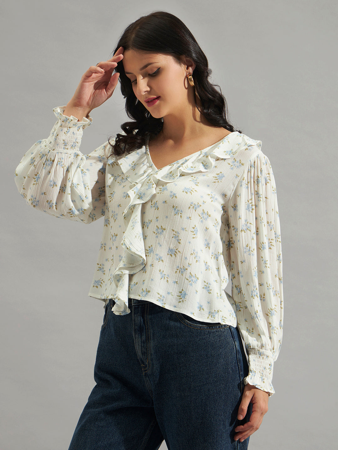 Women Off-White Floral Printed Ruffle Top with V-Neck