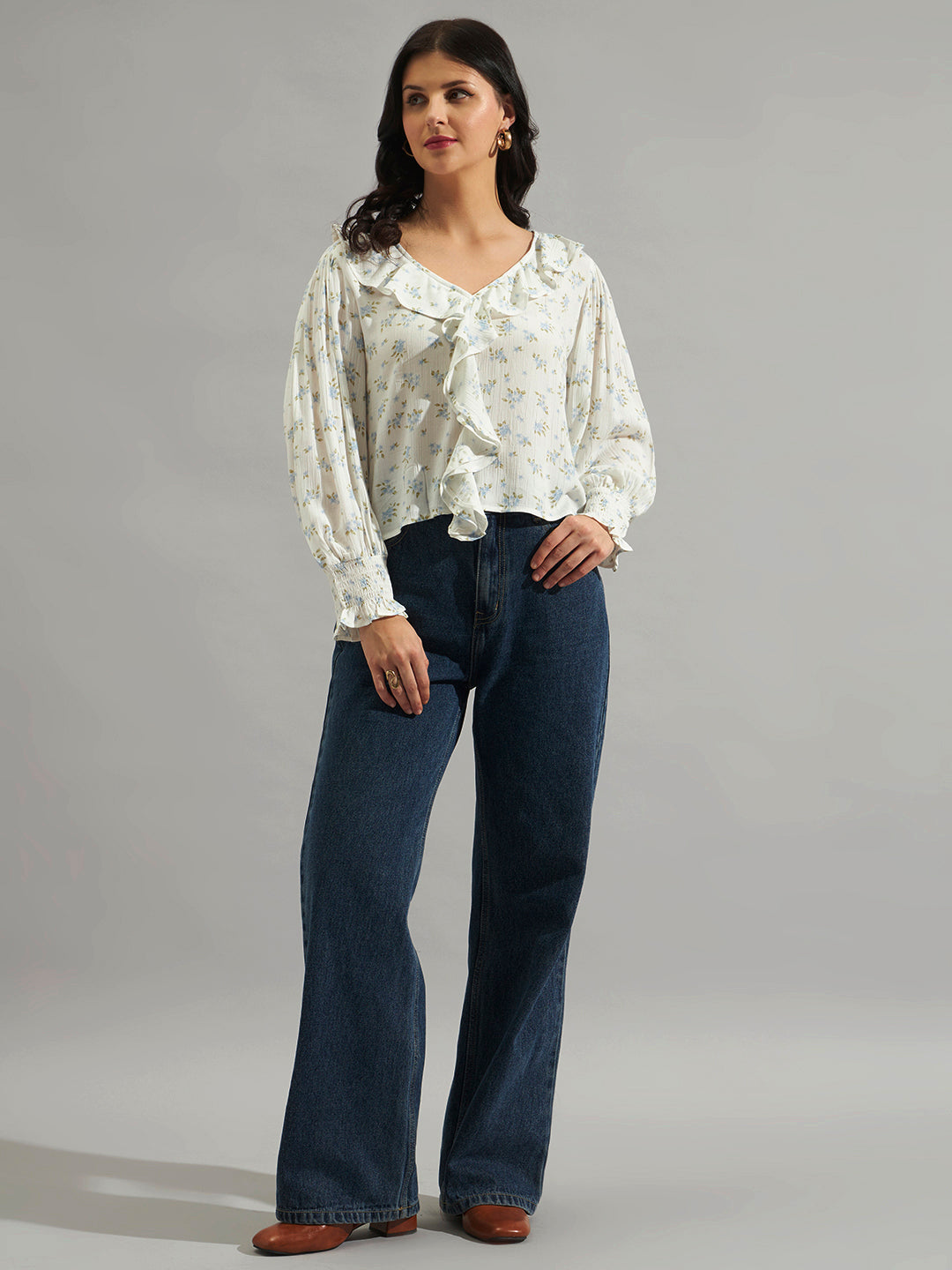 Women Off-White Floral Printed Ruffle Top with V-Neck