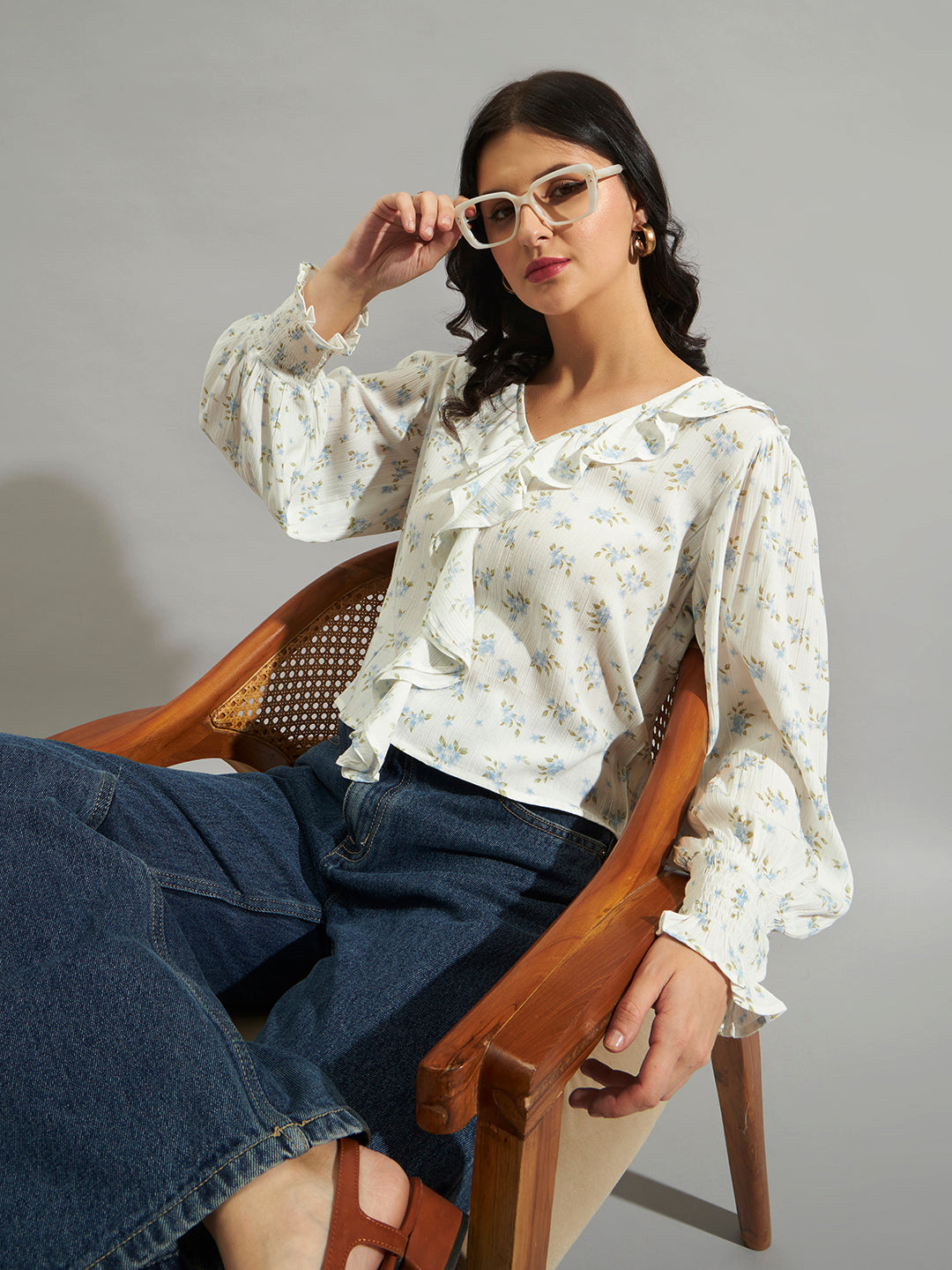 Women Off-White Floral Printed Ruffle Top with V-Neck