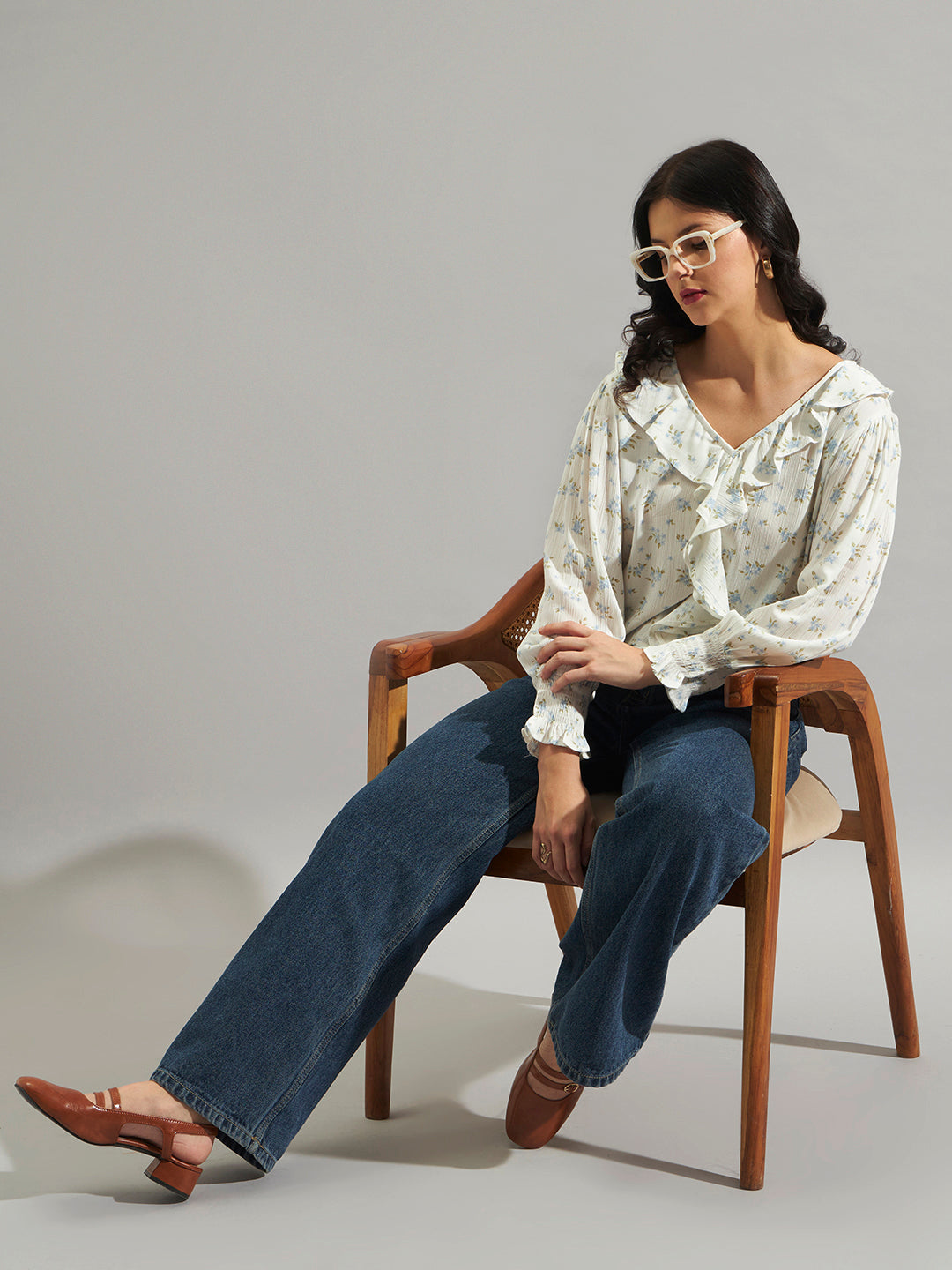 Women Off-White Floral Printed Ruffle Top with V-Neck