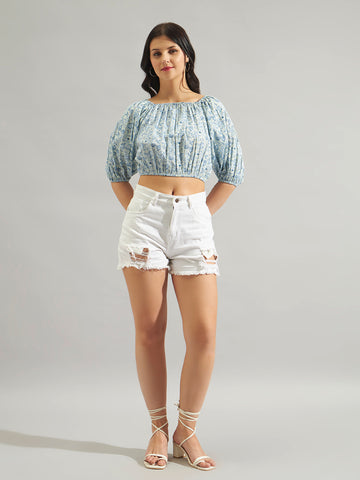 Women Blue Printed Off Shoulder Top