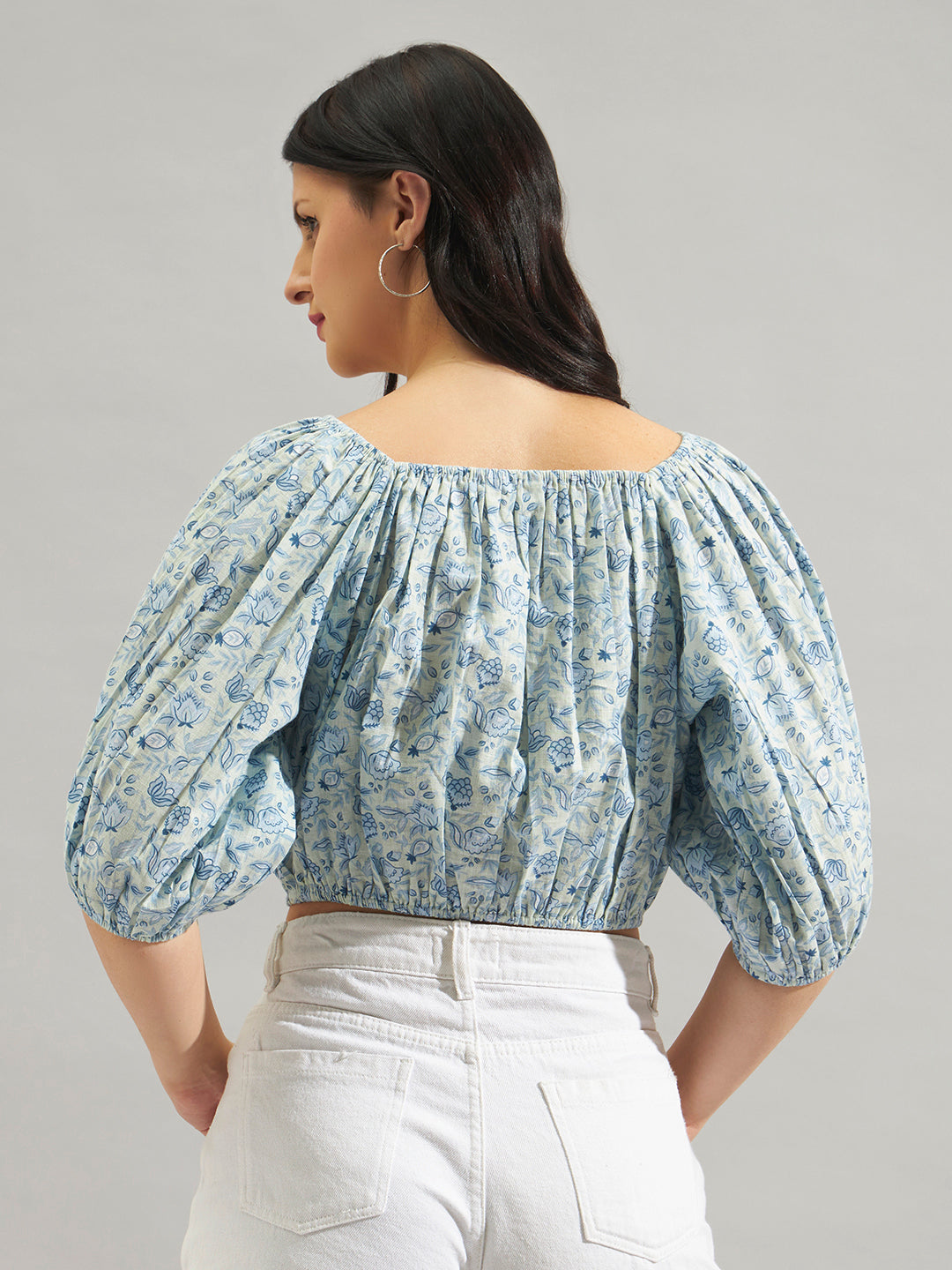 Women Blue Printed Off Shoulder Top