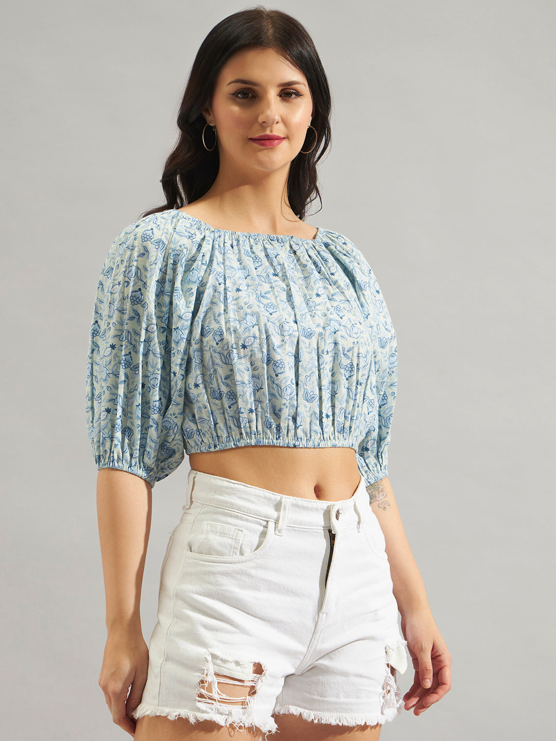 Women Blue Printed Off Shoulder Top