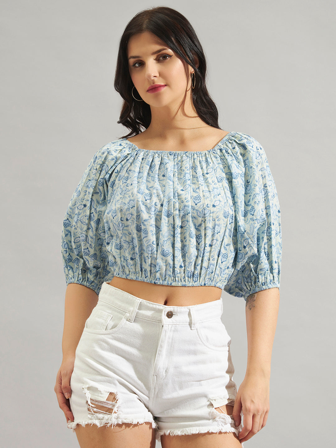 Women Blue Printed Off Shoulder Top