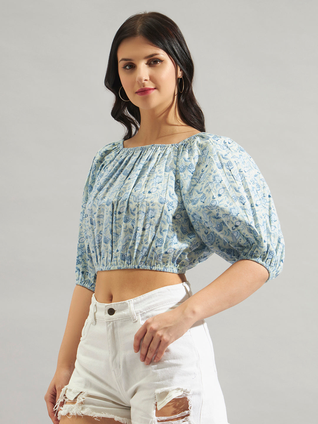 Women Blue Printed Off Shoulder Top