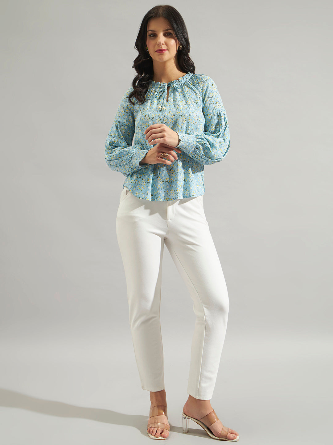 Women Sky Blue Floral Printed Smocked Top