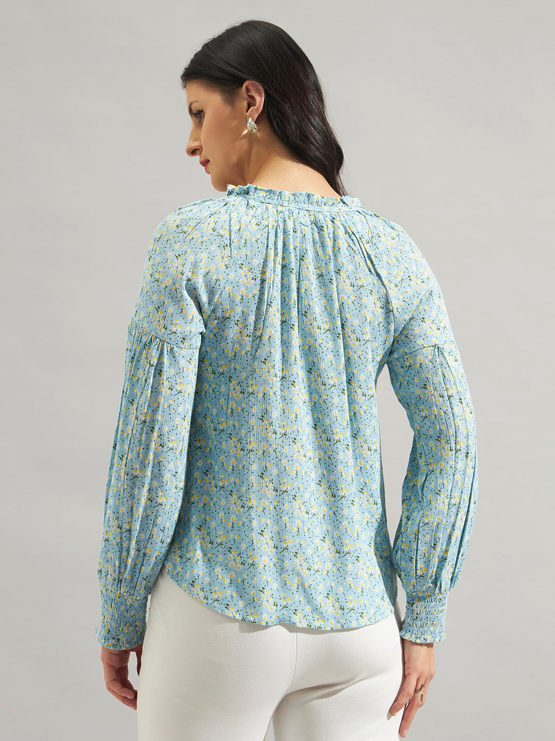 Women Sky Blue Floral Printed Smocked Top